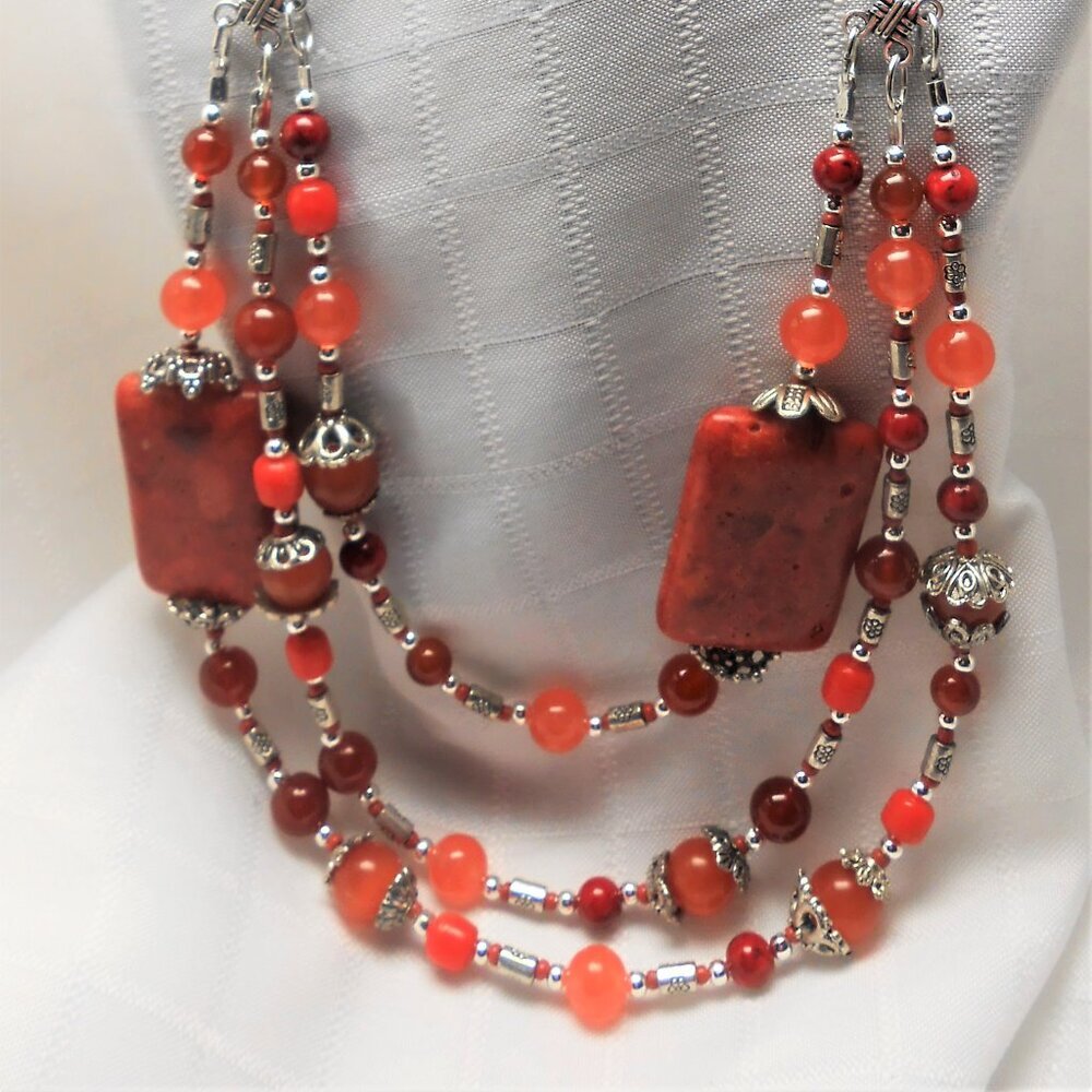 No2001 Beautiful handmade long necklace with several rows and earrings